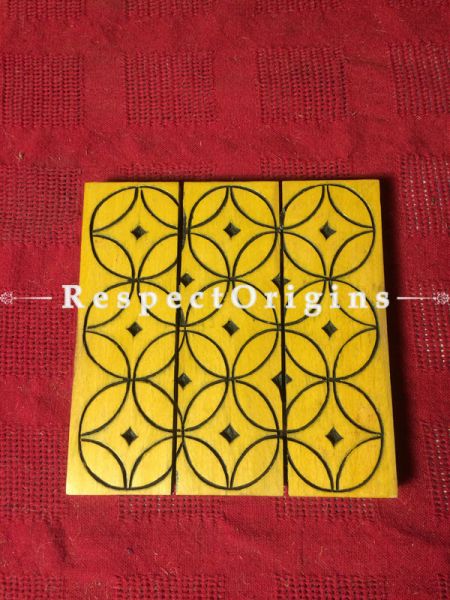 Square Shaped Yellow Wooden Coaster With Geometrical Patters; Handcrafted; u602075863_New_db