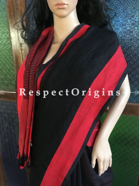 Striking Handwoven Black Linen Saree; Red Border, u602075863_New_db.com