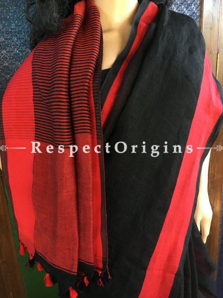 Striking Handwoven Black Linen Saree; Red Border, u602075863_New_db.com