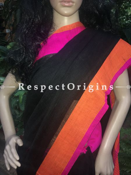 Stunning Black Linen Saree; orange and Pink Border, u602075863_New_db.com