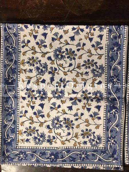 Stylish Hand Block Printed Thick Floral Design Cotton Washable Block Printed Table Mat Set With Napkins Mustard and Blue On White Base; Mat 18x12 Inches ; Runner 60x12 Inches ; Napkins 15x15 Inches; Coaster 4x4 Inches; com