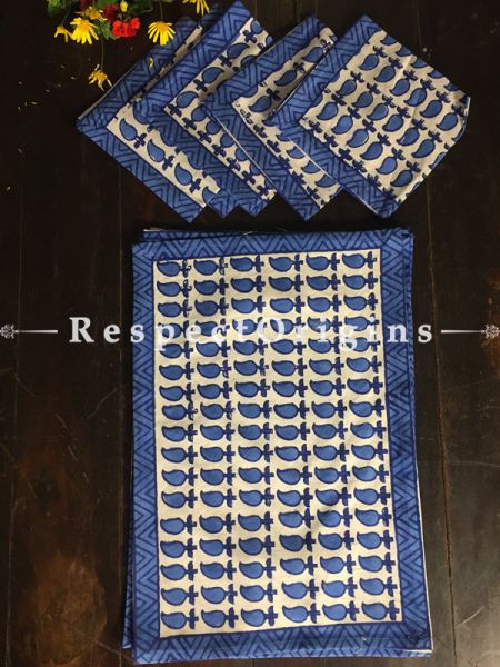 Nice Hand Block Printed Thick Mango Bunch Design Cotton Washable Block Printed Table Mat Set With Napkins Blue On White Base; Mat 18x12 Inches ; Napkins 15x15 Inches ; com