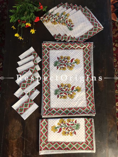 Regal Hand Block Printed Thick Two Flower Design Cotton Washable Block Printed Table Mat Set With Napkins Mustard Red & Green On White Base; Mat 18x12 Inches ; Runner 60x12 Inches ; Napkins 15x15 Inches; Coaster 4x4 Inches; com