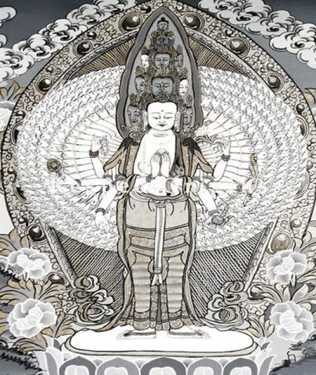 Avalokiteshvara Thangka in 20x18 in On Canvas; Buddhist Traditional Painting Wall Art