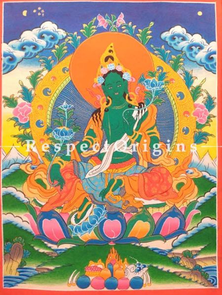 Vertical Thangka Painting of Green Tara in 14 x 11 inches On Canvas; Buddhist Traditional Painting Wall Art;u602075863_New_db