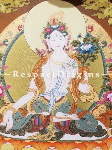 White Tara Tangka Painting in 30x20 in On Canvas; Buddhist Traditional Painting Wall Art