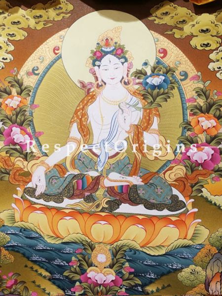 Vertical Thangka Painting of  White Tara in 30X20 inches On Canvas; Buddhist Traditional Painting Wall Art; u602075863_New_db