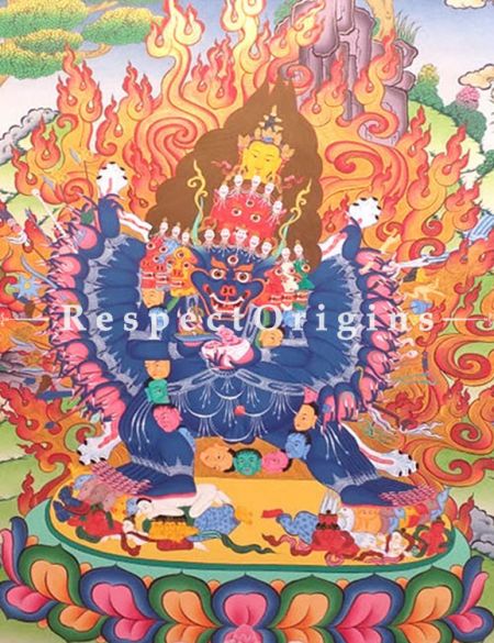Yamantaka Thangka in 30x20 in On Canvas; Buddhist Traditional Painting Wall Art