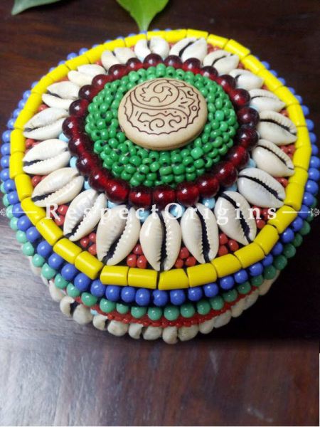 Yellow, blue and red Jewellery Box With Beads and Sea Shells; Ladakhi Beaded Container; u602075863_New_db.com