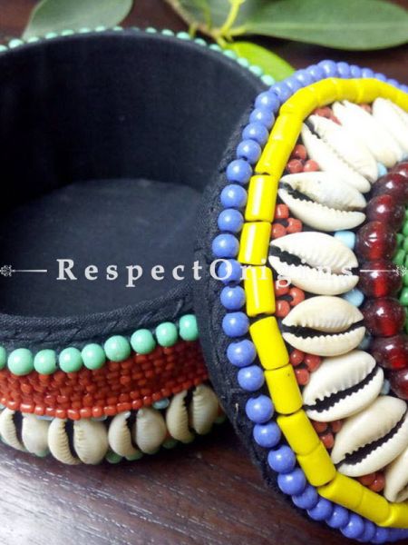 Yellow, blue and red Jewellery Box With Beads and Sea Shells; Ladakhi Beaded Container; u602075863_New_db.com