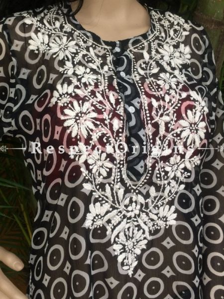 Buy Black Short Chiffon Kurti; Circles Print; Chikankari Embroidery at com