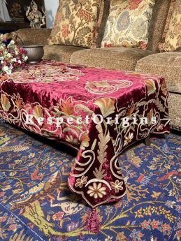Fabulous Magenta Velvet Aari Work Embroidered Table Cover; 90 X 40 Inches ; com