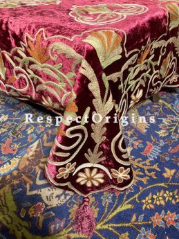 Fabulous Magenta Velvet Aari Work Embroidered Table Cover; 90 X 40 Inches ; com