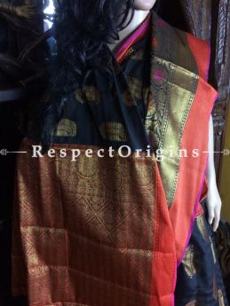 Spectacular Black-orange Handwoven Banarasi Cotton Silk Saree; Zari Border & Butis, com