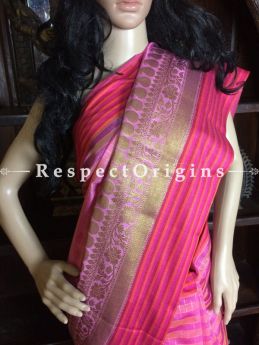 Handwoven Pink Banarasi Cotton Silk Saree; Zari Border & Butis, com