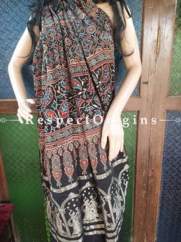 Lovely Ajrakh Block- print on Bandhani Modal Silk Saree Green With Black Pallu; Blouse Included; com