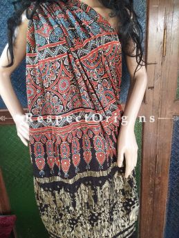 Exuberant Ajrakh Block- print on Bandhani Modal Silk Saree Orange With Black Pallu; Blouse Included; com