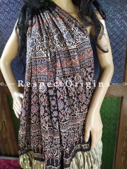 Beautiful Ajrakh Block- print on Bandhani Modal Silk Saree Green With Black & Gold Zari Pallu; Blouse Included; com