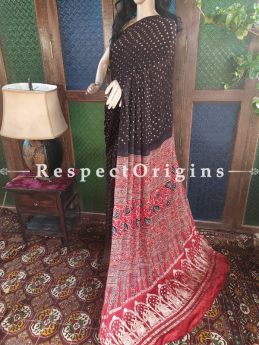 Ajrakh Block- print on Bandhani Modal Silk Saree Black With Red and Gold Zari Pallu; Blouse Included; com