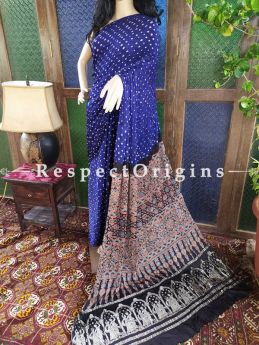 Splendid Ajrakh Block- print on Bandhani Modal Silk Saree Blue With Black Pallu; Blouse Included; com