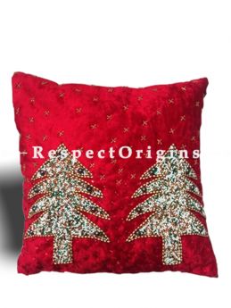 Set of 3 Hand Knitted Beadwork with Red Christmas tree and Santa Square Cotton Cushion Cover 16x16 in ; com