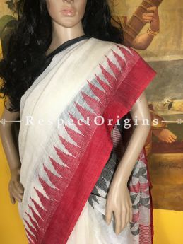 Handloom Linen Saree; White Red Black Temple Border, com