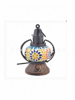 Exquisite Handcrafted Colorful Blue Pottery Electric Desk Table Lantern Lamp for Home Decor; 4 Inch; com