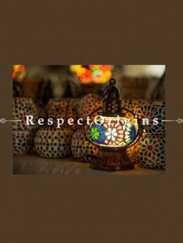 Superbly Handcrafted Colorful Blue Pottery Electric Desk Table Lantern Lamp for Home Decor; 4 Inch; com
