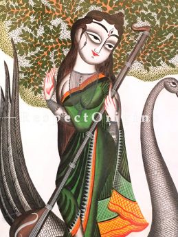 Buy Kalighat Painting of Goddess Saraswati Sitting On A Swan in 14X22 inches; On Paper;u602075863_New_db