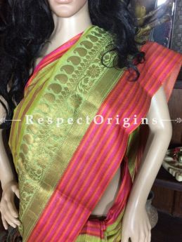 Striking Green Handwoven Banarasi Cotton Silk Saree; Zari Border & Butis, com