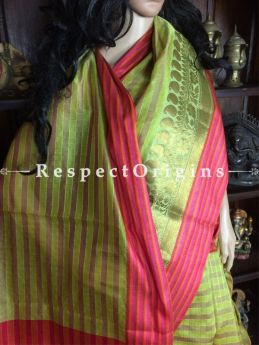 Striking Green Handwoven Banarasi Cotton Silk Saree; Zari Border & Butis, com