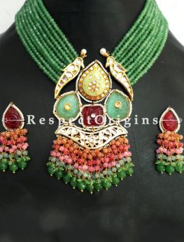 Delicate Multicoloured Meenakari Necklace having Green Droplets with Beautiful Earrings; com