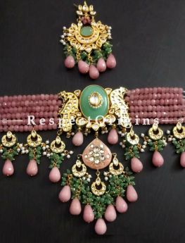 Fascinating Multicoloured Meenakari Chocker Necklace having Pink Droplets with Beautiful Earrings; com