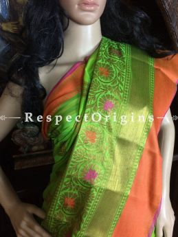 Classic Green-orange Handwoven Banarasi Cotton Silk Saree; Zari Border & Butis, com