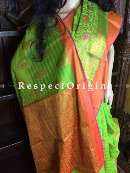 Classic Green-orange Handwoven Banarasi Cotton Silk Saree; Zari Border & Butis, com