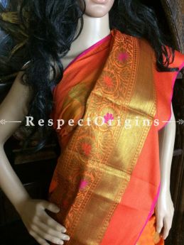 Eye-catching orange Handwoven Banarasi Cotton Silk Saree; Zari Border & Butis, com
