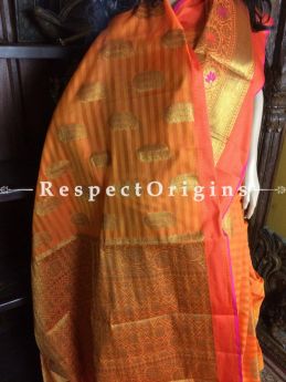 Eye-catching orange Handwoven Banarasi Cotton Silk Saree; Zari Border & Butis, com