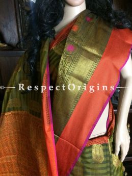 Beautifully Handwoven Green-orange Handwoven Banarasi Cotton Silk Saree; Zari Border & Butis, com