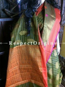 Beautifully Handwoven Green-orange Handwoven Banarasi Cotton Silk Saree; Zari Border & Butis, com