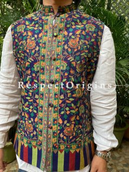 Blue Paisley Jamavar Band-gala Nehru Jacket with Cloth-buttons; com