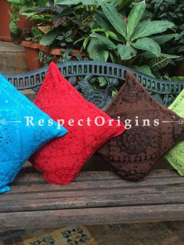 Buy Pop-of-Color! Hand-embroidered With Mirror Work; Set of 4 Square Cotton Cushion Covers 16x16 in; Blue Red Brown Lime Green! At com