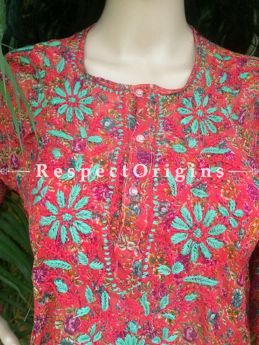 Red Short Chiffon Kurti With blue And Red Color Chikankari Embroidery Work; com