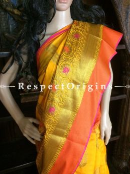 Traditional Yellow-orange Handwoven Banarasi Cotton Silk Saree; Zari Border & Butis, com