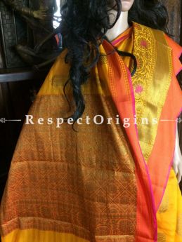 Traditional Yellow-orange Handwoven Banarasi Cotton Silk Saree; Zari Border & Butis, com