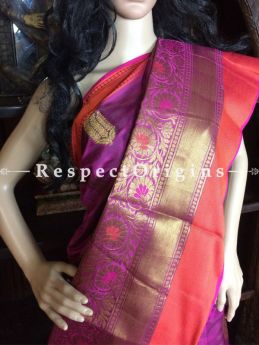 Magenta-orange Handwoven Banarasi Cotton Silk Saree; Zari Border & Butis, com