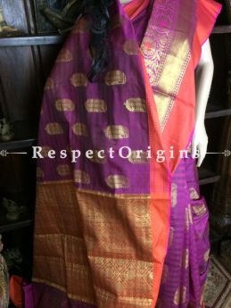 Magenta-orange Handwoven Banarasi Cotton Silk Saree; Zari Border & Butis, com