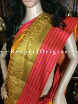 Grace Yellow-Red Handwoven Banarasi Cotton Silk Saree; Zari Border & Butis, com