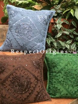 Buy Uber Cool Square Cotton Cushion Cover Set of 3; Rajasthani Embroidery With Mirror Work; 16x16 in; Grey Brown Green At com