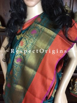 Marvelous Blue-orange Handwoven Banarasi Cotton Silk Saree; Zari Border & Butis, com