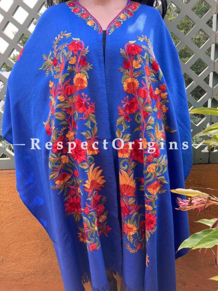 Stunning Ariwork Embroidered Blue Cape Shawl on Semi- Pashmina Wool; Free Size; u602075863_New_db.com